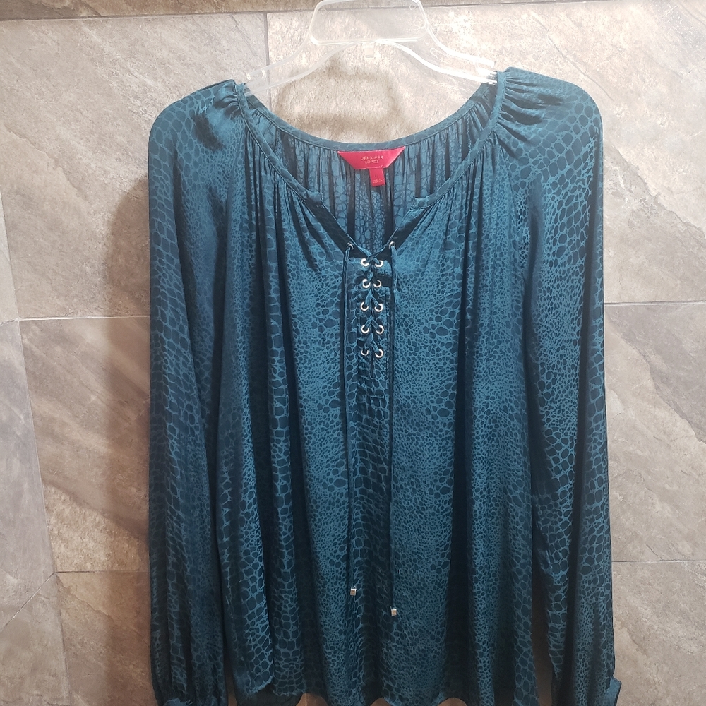 Jennifer Lopez Blue Green Long Sleeve Women's Dress Shirt, Size Large